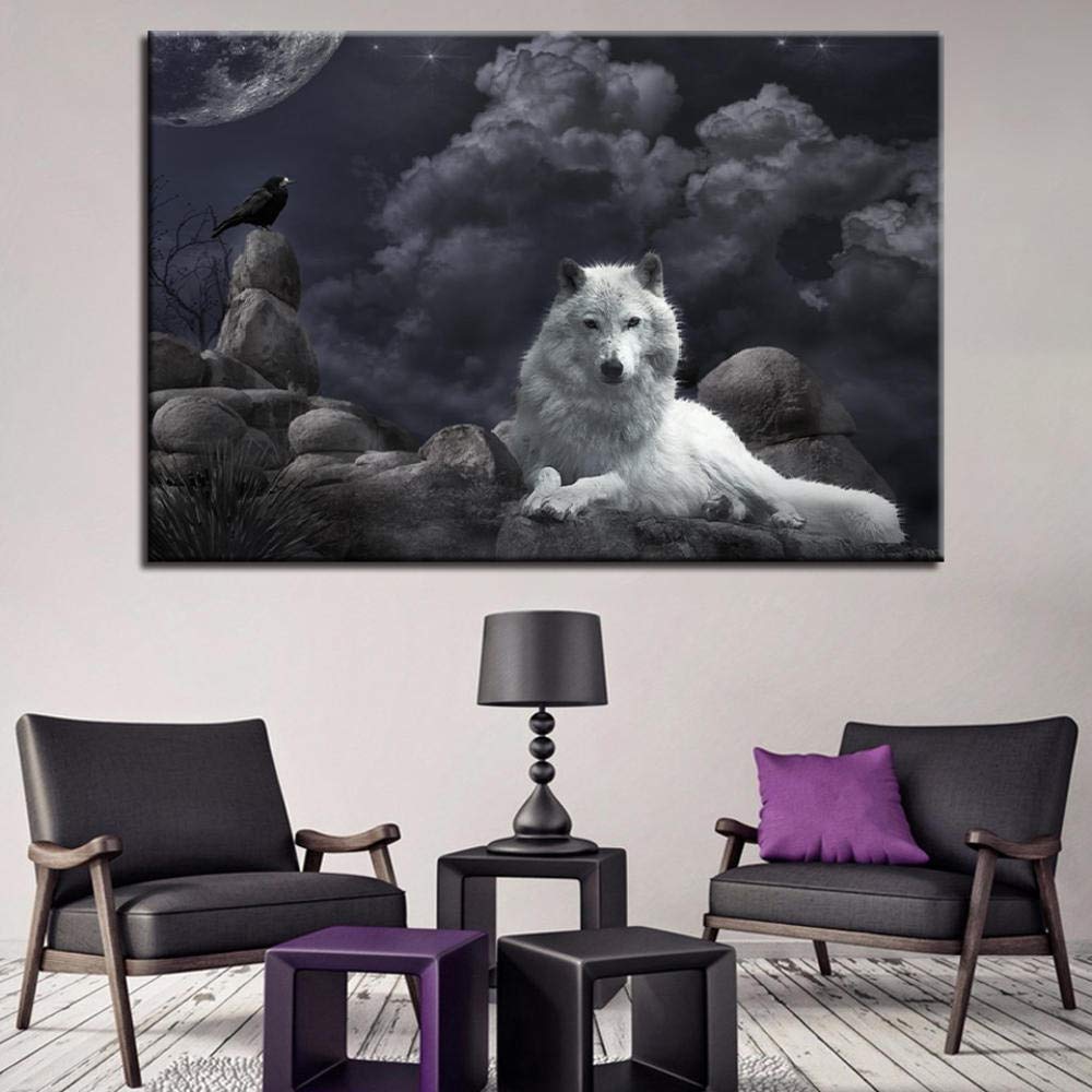 Amazon.co.jp: 黒いカラスと白いオオカミキャンバス、絵画壁アートhd