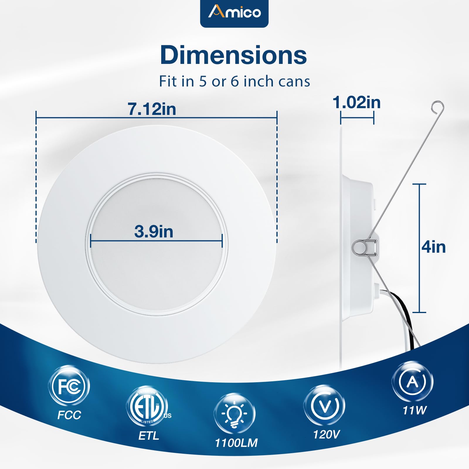 Amico 12 Pack 5/6 inch 5CCT LED Recessed Lighting, Dimmable, 11W=100W, 1100LM, 2700K/3000K/4000K/5000K/6000K Selectable, Retrofit Can Lights with Baffle Trim, Assembly Required - ETL & FCC Certified