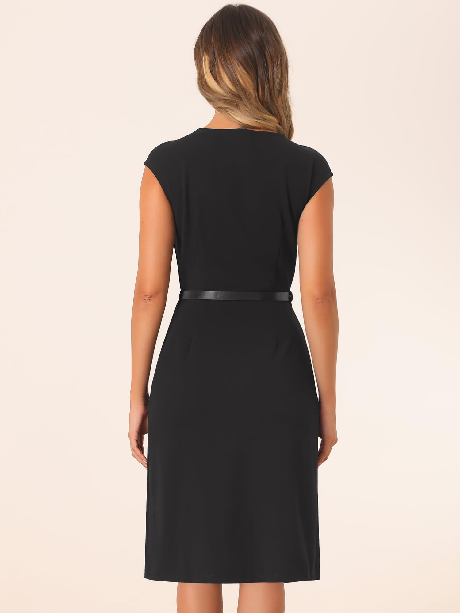 Allegra K Elegante Vestido de Oficina para Mujer, Cuello Redondo, Manga Casquillo, cinturón, Vestidos de Trabajo