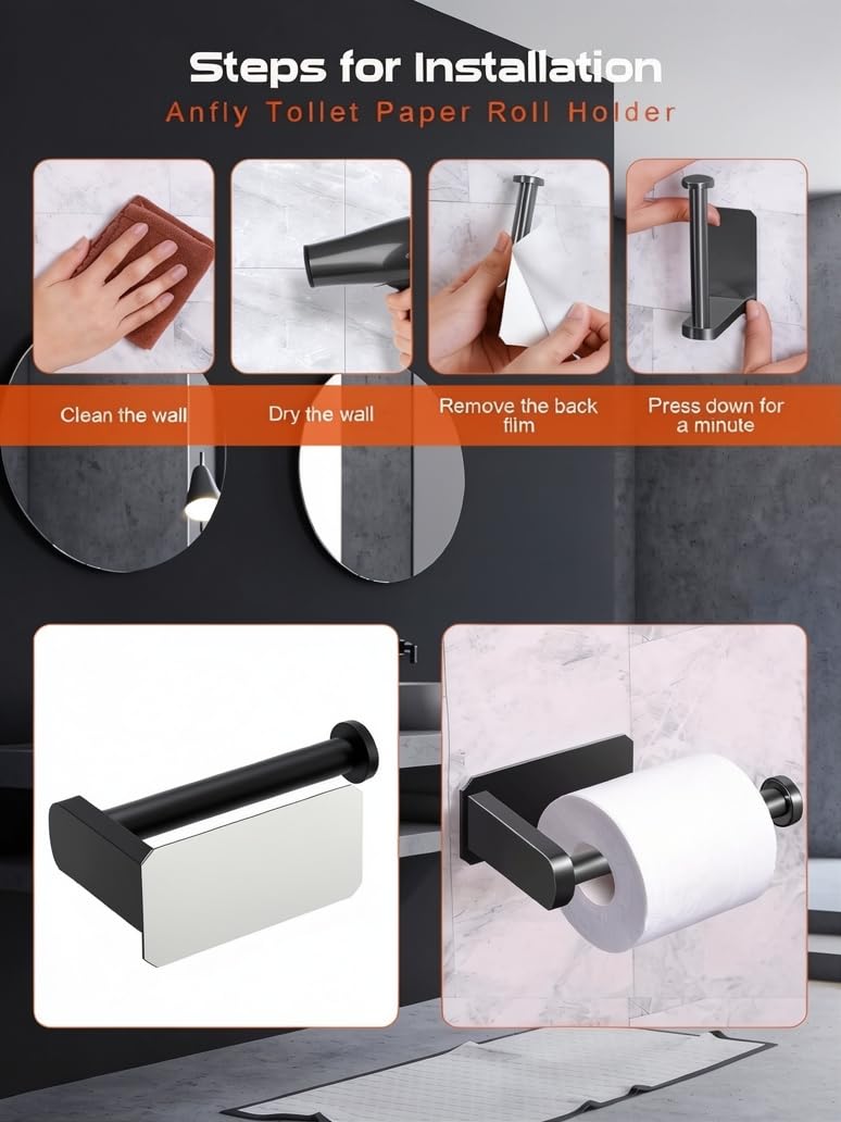 Anfly RV Toilet Paper Holder Camper,Self Adhesive Toilet Paper Holder with 2 Hanging Hooks for Campers, Bathroom, Kitchen and Bedroom,No Drill/Wall Mount, Black — Amazon image 5