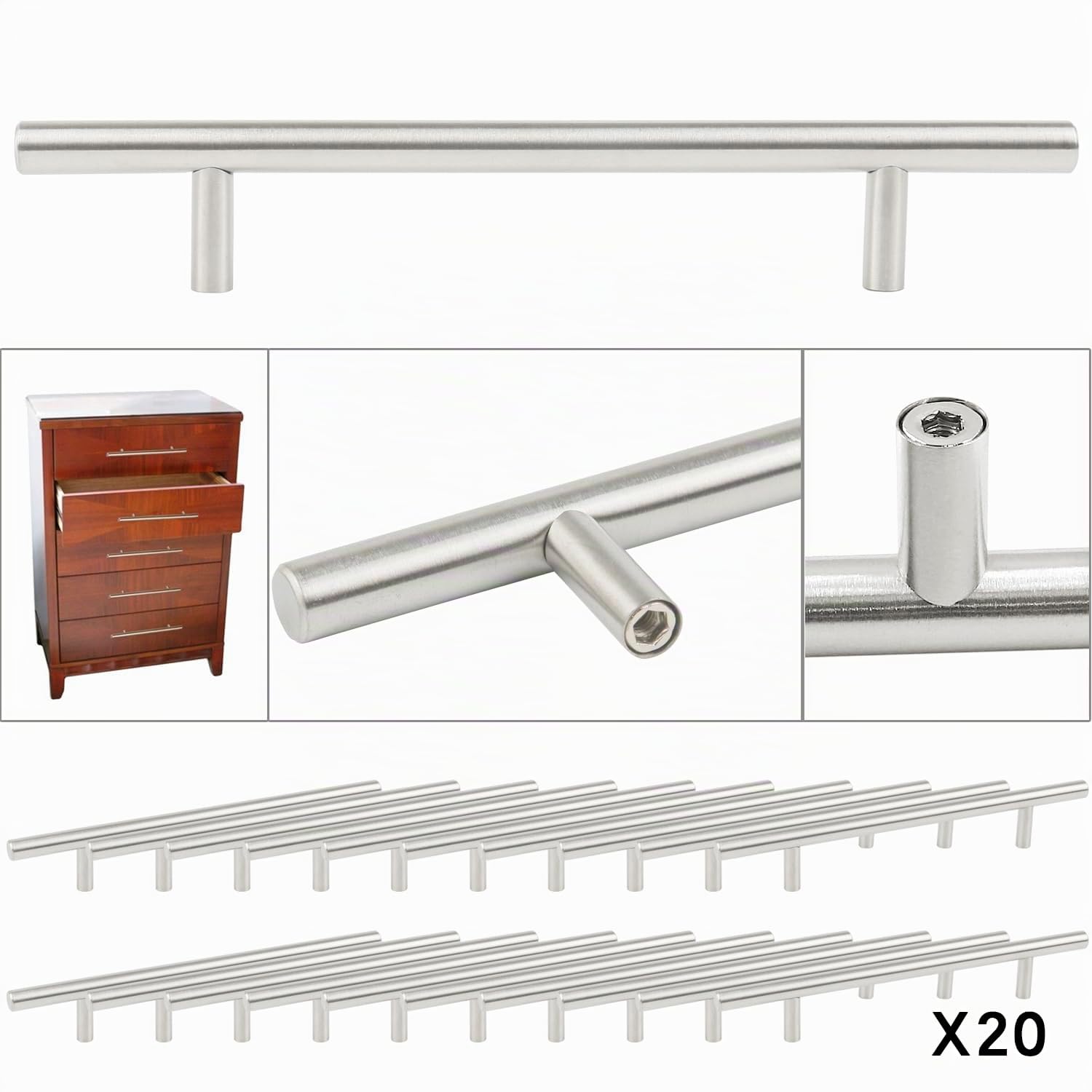 TRIXES 20x Tiradores en T de Acero Inoxidable con Tornillos, 200mm de Ancho - Centros de 128mm, para Armarios/Gabinetes/Puertas/Cajones, Accesorios de Cocina