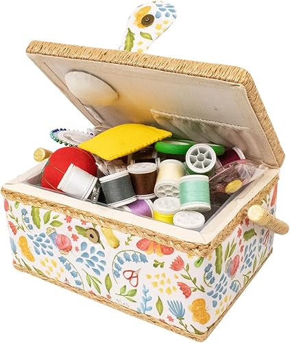 OFERTA BLACK FRIDAY Gran organizador de cesta de costura con Kit completo de costura y accesorios incluidos Cesta de costura de madera con bandeja