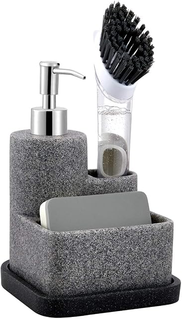 zccz Soap Dispenser with Sponge Holder and Brush Holder, Liquid Hand Soap Dispenser Pump Set Kitchen Sink Organizer Caddy for Sponge Brush Scrubber, Removable Tray