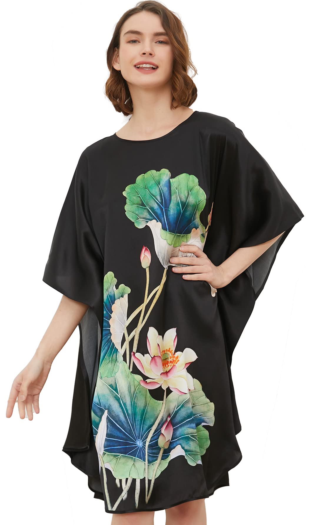 Ledamon Womens 100 Silk Short Robe Bathrobe Nightgown Pajama Sleepwear -Classic Batwing Sleeved