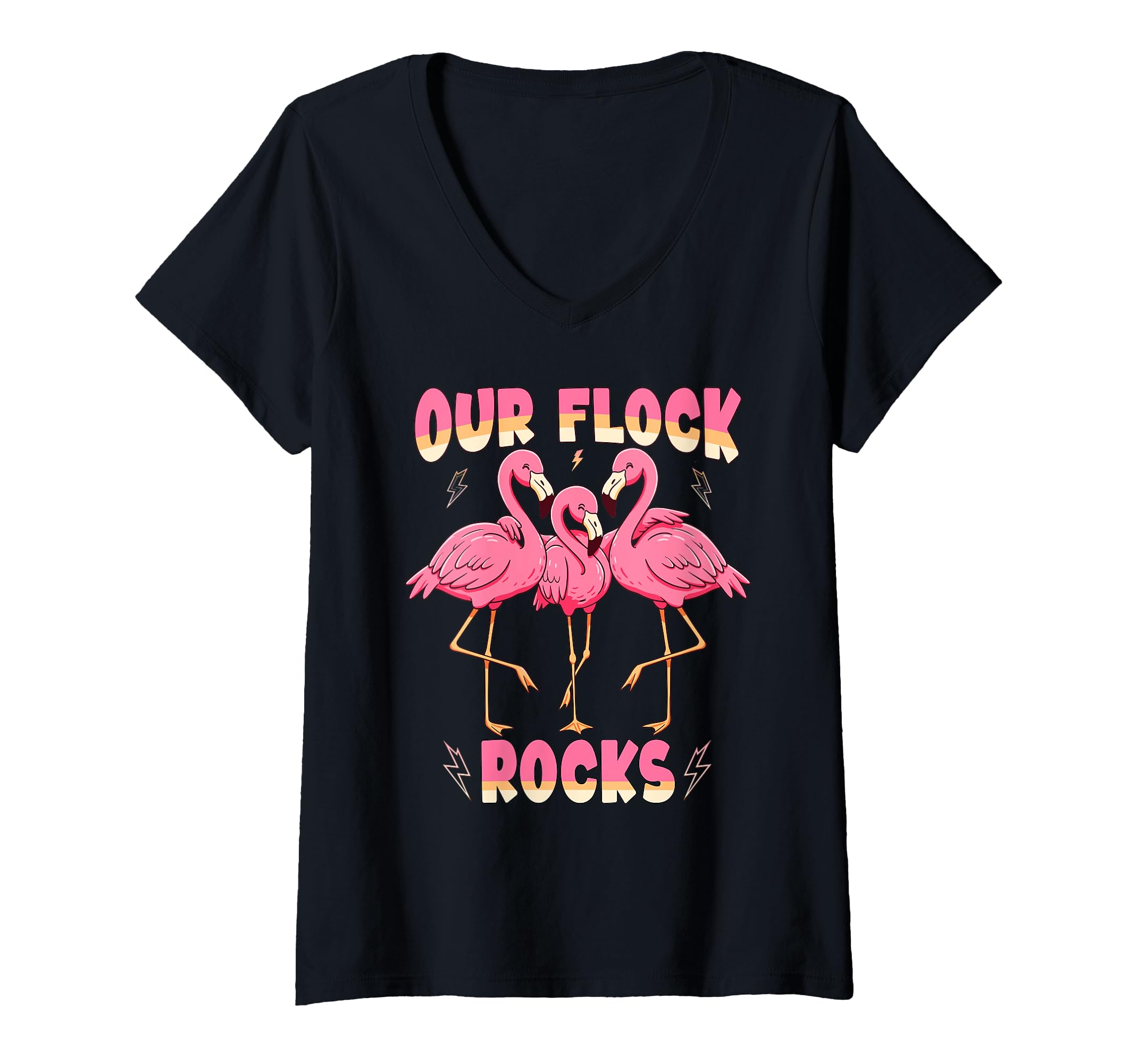Womens Our Flock Rocks Pink Flamingo Matching Family Vacation Group V-Neck T-Shirt