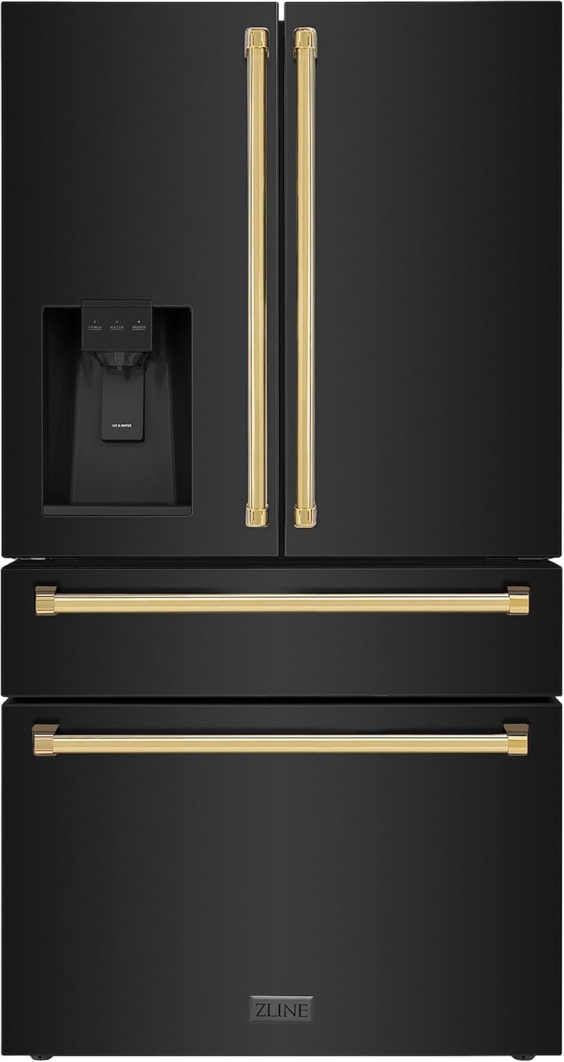 ZLINE Autograph 36 in. Black Steel Counter-Depth Refrigerator with Gold Handles (RFMZ-W-36-BS-G)