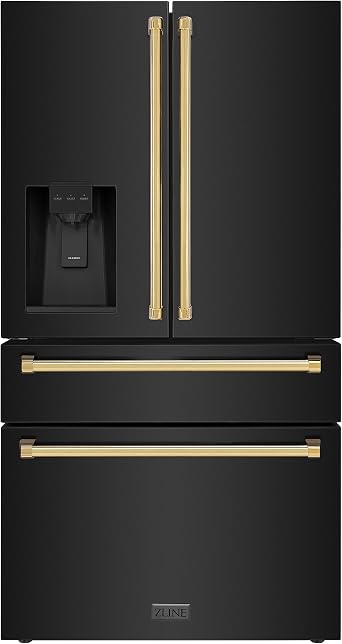 Z Line Kitchen and Bath ZLINE Autograph 36 in. Black Steel Counter-Depth Refrigerator with Gold Handles RFMZ-W-36-BS-G