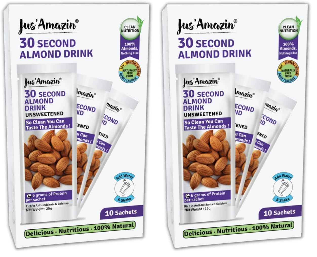 Jus' Amazin 30 Second Almond Drink - Unsweetened (10 X 25g sachets) | Use 1 Sachet to make 1 Glass | Dairy Free Almond Milk, Clean Nutrition, 100% Natural, Keto (Pack of 2)-image-7