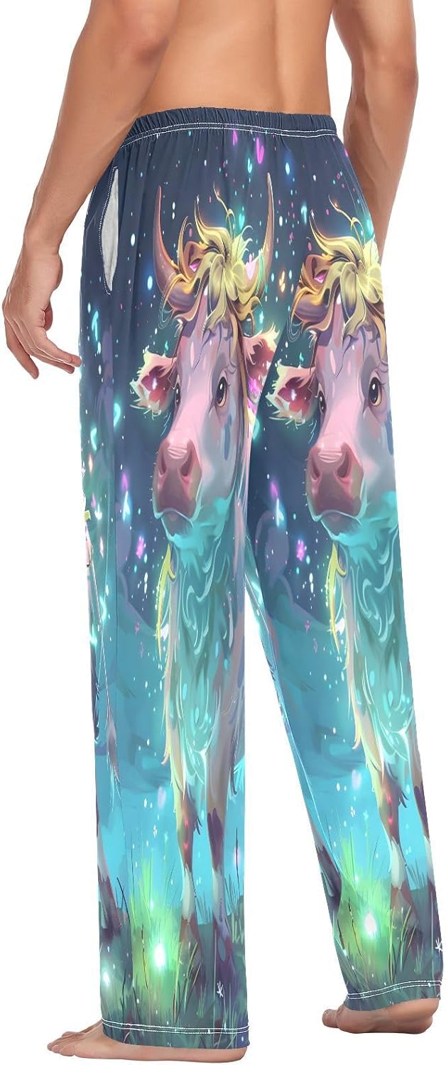 ALAZA Cow Butterfly Starry Men's Pajama Pants Men Cotton Pajama Bottoms with Pockets, S