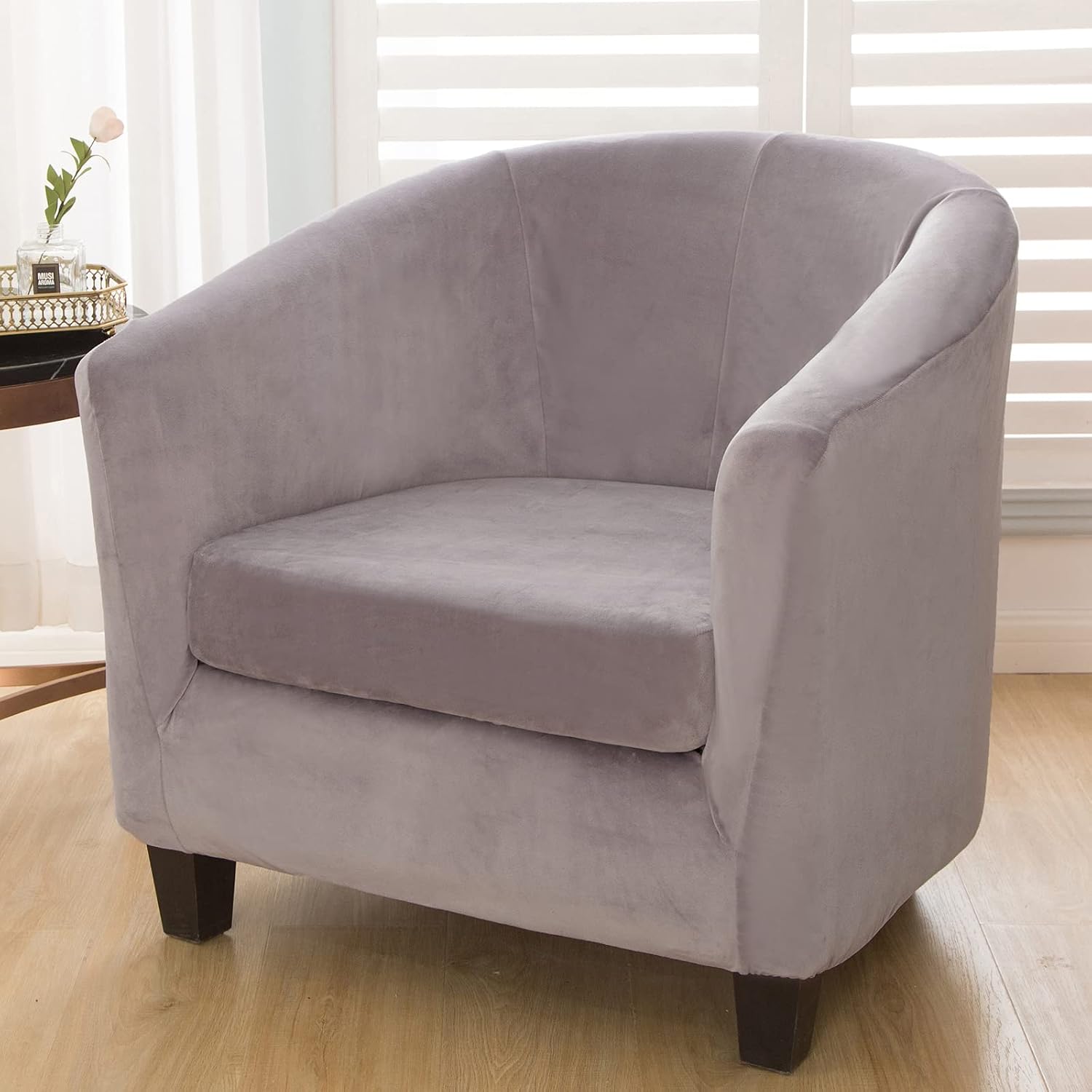 MIFXIN Tub Chair Slipcover 2-Piece Velvet Barrel Club Chair Covers with Cushion Cover Stretchy Soft Washable Armchair Couch Furniture Protector for Living Room Counter Hotel (Silver Gray) image 2