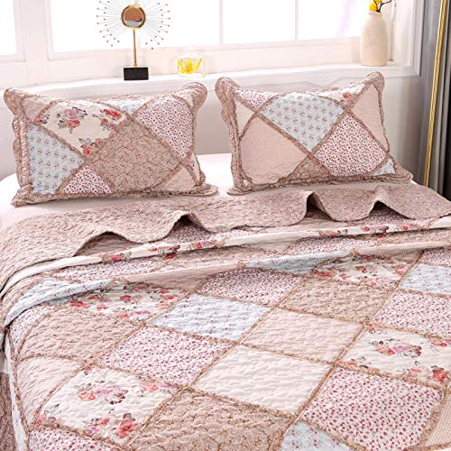 Vivilinen Patchwork Quilt Set Full Queen Size 3-Piece Pink Floral Reversible Quilted Bedspread Coverlet Set Lightweight Stitched Comforter Bedding Set Bed Sheet Set Cover Blanket With 2 Pillow Shams #TOP5