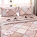 VIVILINEN Queen Size Quilt Set 3-Piece Light Pink Floral Patchwork Reversible Quilted Bedspread Coverlet Set Lightweight Comforter Bedding Set Bed Sheet Set Cover Blanket with 2 Pillow Shams