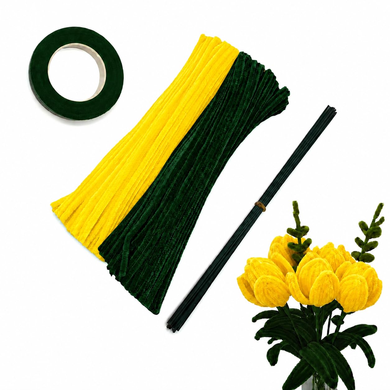 KUMUDAM 100 Pieces Pipe Cleaner Craft Kit 50 Yellow|50 Dark Green with Floral Tape and Stem Wires for Flower Making (Yellow and Green)-image-30