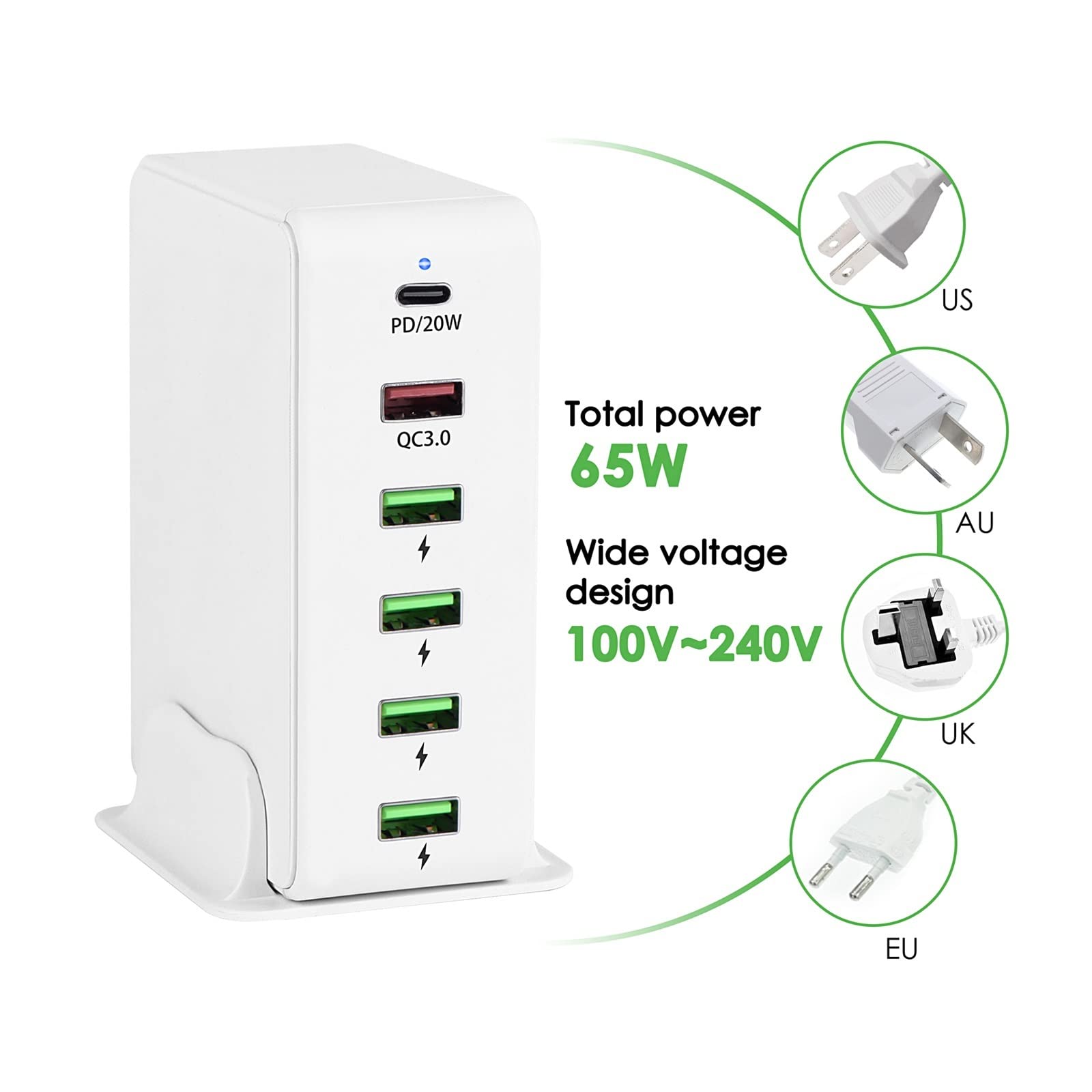 Stazione Di Ricarica USB, Caricatore PD da 20 W Multi USB QC3.0 Stazione di ricarica rapida USB a 6 porte for la casa desktop universale del telefono Compatibilità Più Sicura E Universale ( Color : Wh