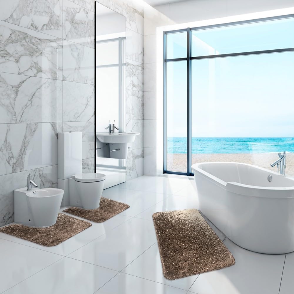 emmevi Tappeto Bagno Set 3 Pezzi Parure Morbido Girowater Assorbente Shaggy Retro Antiscivolo Marrone