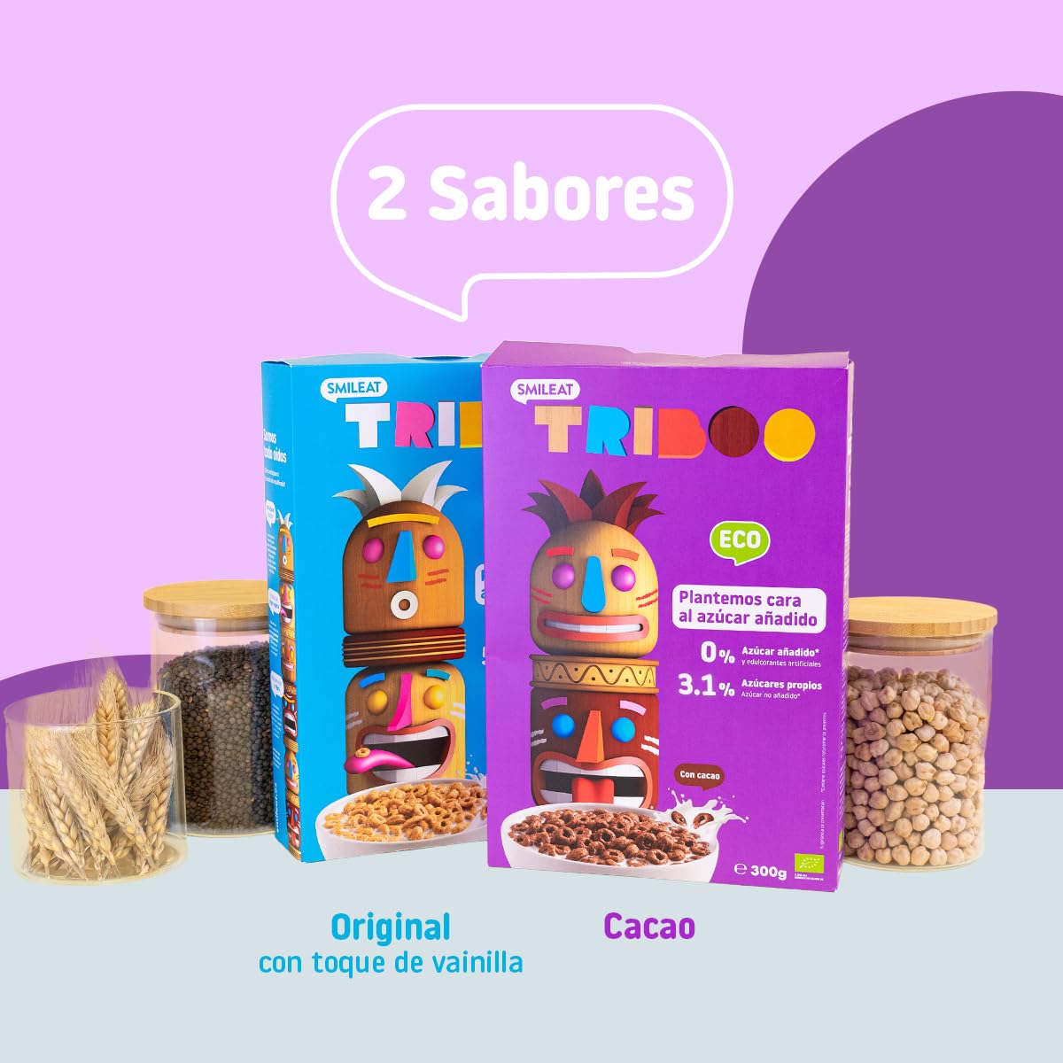 Smileat - Cereal TRIBOO Sabor a Cacao - Snack para peques - Sin Azúcar ni Sal Añadidos - Ecológico y 100% Vegetal - Textura Crunchy - Ideal con Leche o Yogur - 300g