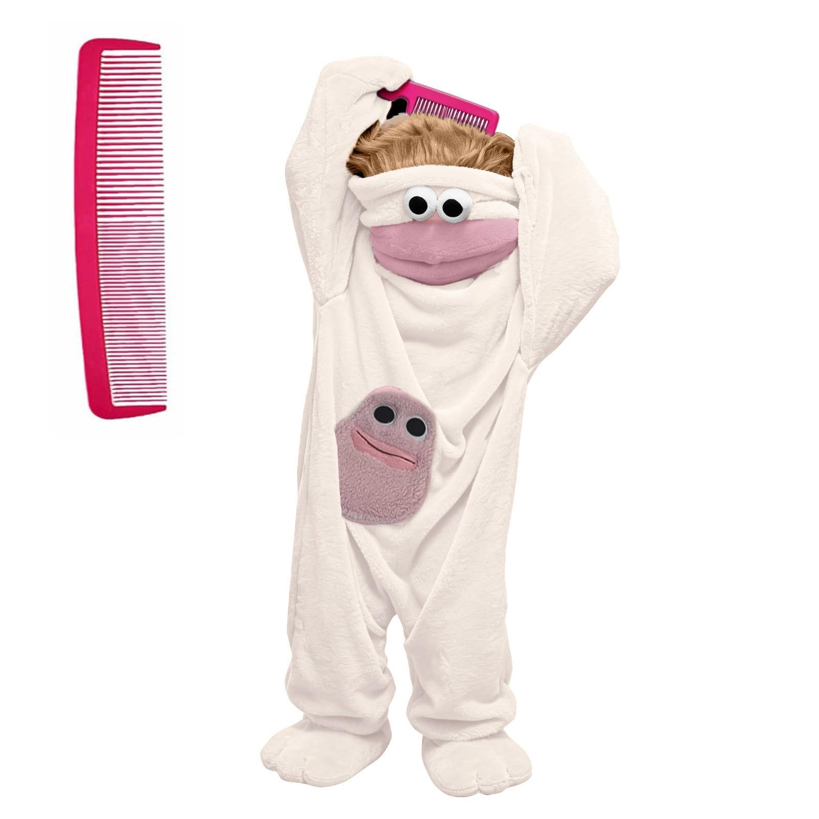 Funny Monster Onesie Silly Big Mouth Onesie Halloween Costumes Soft Cozy Fancy Dress Outfit Hooded One-Piece Pajamas Long Sleeves Loungewear for Adults (02-4-Beige, M)