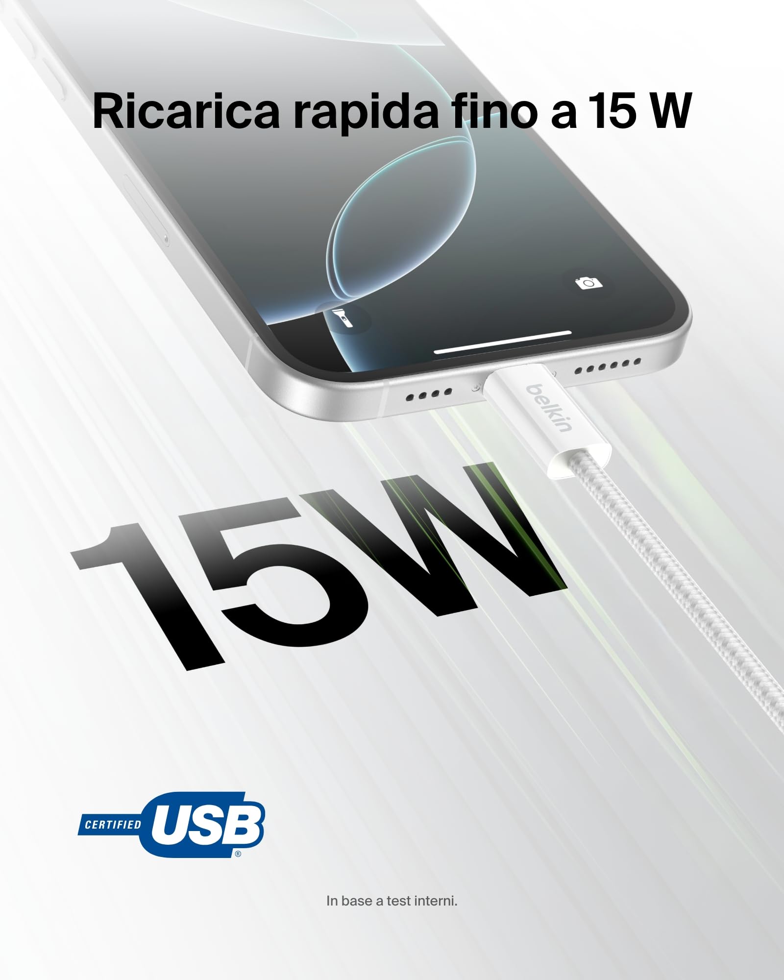 Belkin Confezione da 2 cavi intrecciati da USB-A a USB-C da 1,5 m, 15 W, cavo flessibile per ricarica rapida, cavo Type-C per iPhone 17 e iPhone 16 series, Galaxy S25, Pixel 10, iPad Pro ecc., bianco