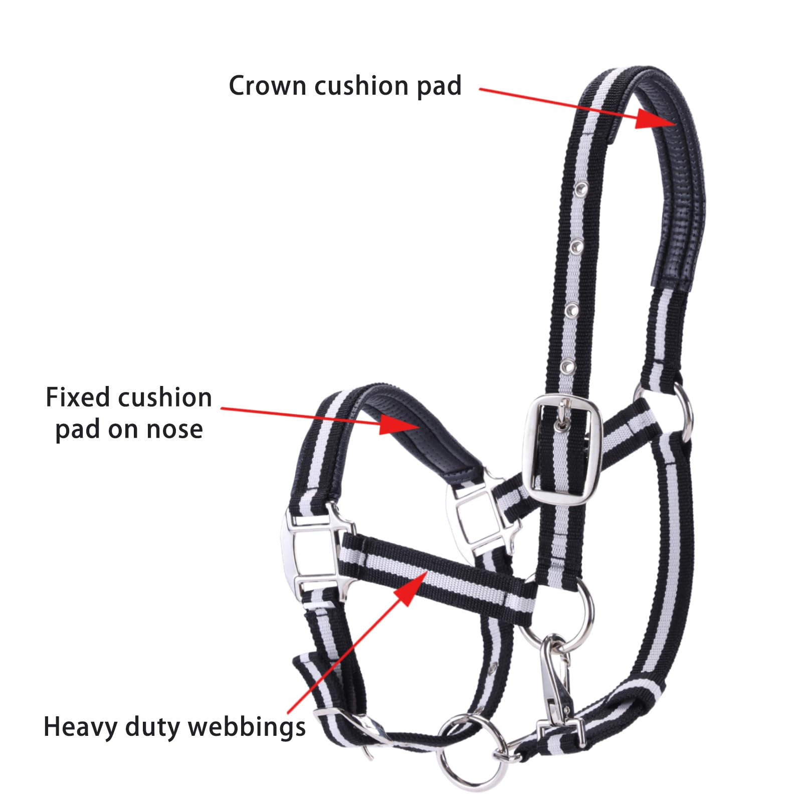 Licol réglable pour cheval – Sangle et matériel en nylon très résistant, rembourré avec mousse anti-frottement rembourrée sur la couronne et le nez Noir