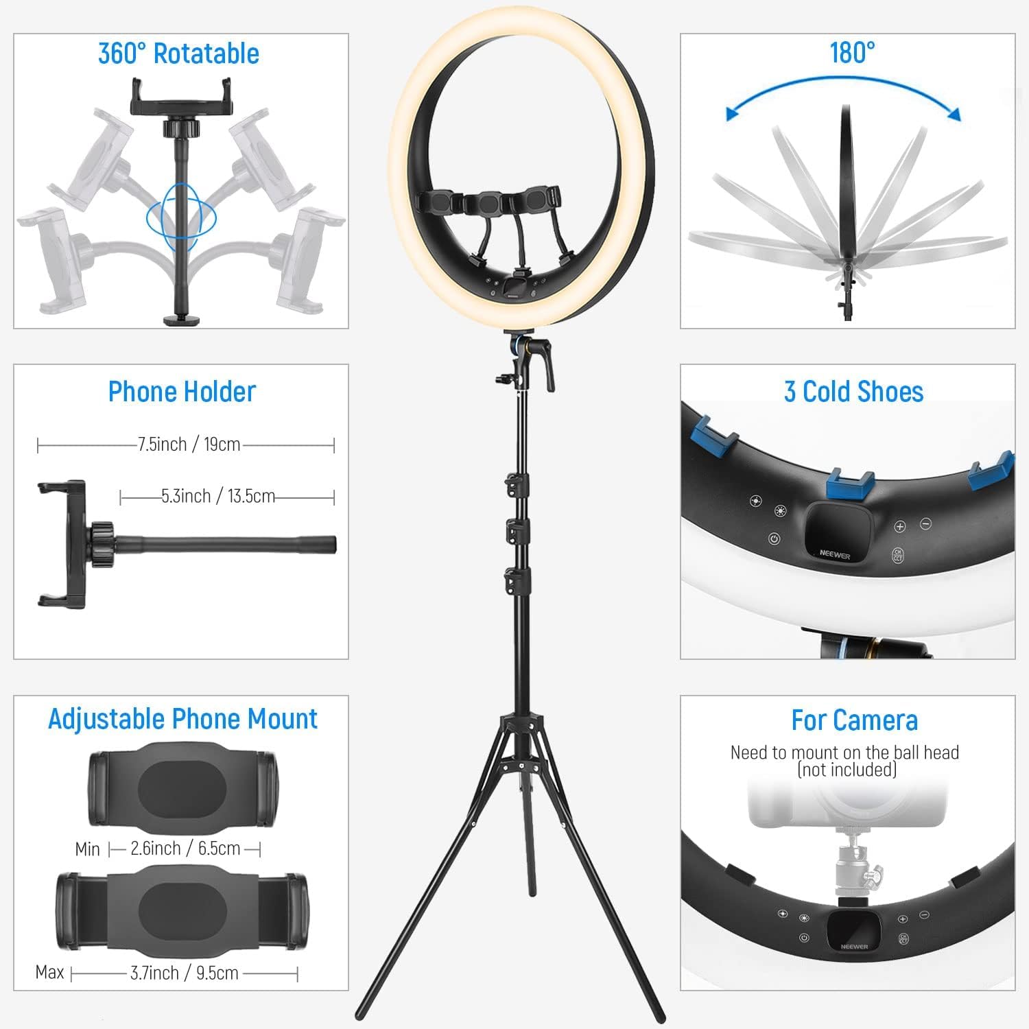 Neewer 19" Ring Light Luce ad Anello con Stand 3200K-5600K per Selfie Streaming Zoom RP19H