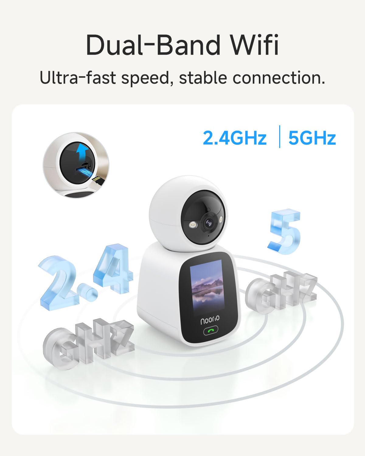 Noorio Caméra de Surveillance Intérieure 2K WiFi Double Bande (5G/2.4G) - PTZ Rotative, Audio Bidirectionnel, Détection Humaine et Suivi Automatique, Moniteur Bébé