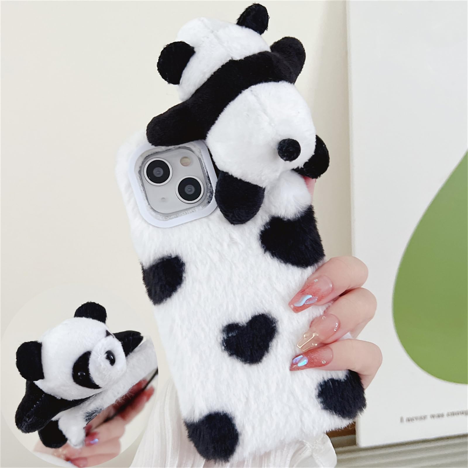 for iPhone 14 Pro Max Furry Phone Case, Cute Lazy Panda Soft Lovely Cartoon Animal Doll Fluffy Hairy Fur Plush Phone Case Heart Shaped Love Pattern