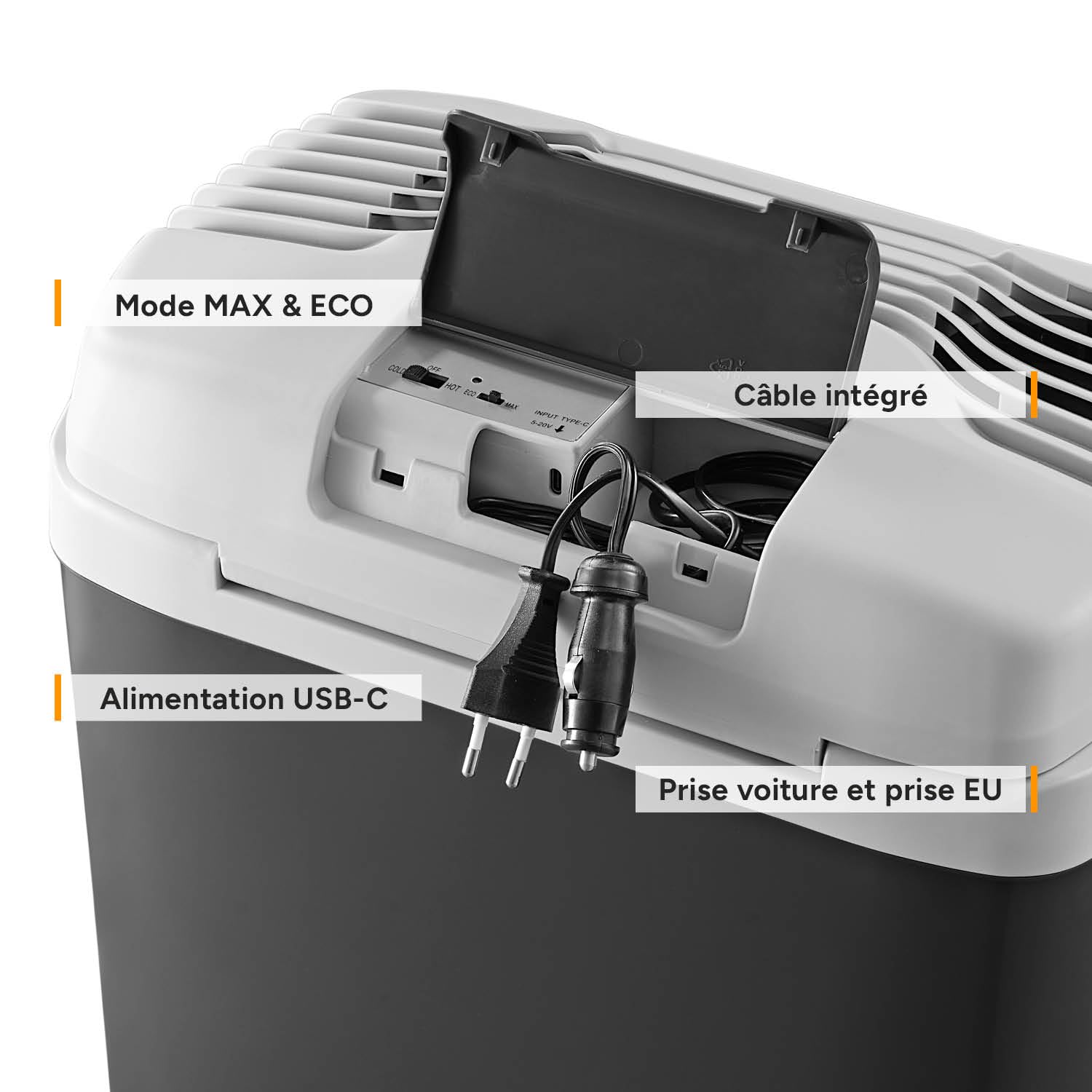 TZS First Austria - Glacière Électrique 24L - Triple Alimentation avec USB-C PD 3.0-52W Froid & Chaud - Auto & Camping - Noir/Gris Clair
