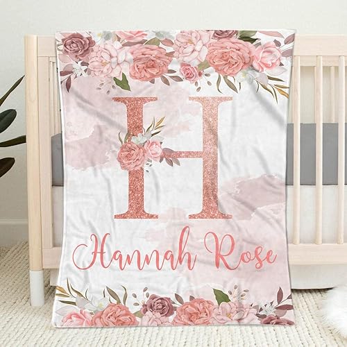 Miniatura 6 de TEEMAN Mantas de bebé personalizadas con diseño floral rosa para niñas, regalos personalizados para baby shower, decoración de guardería con nombre,