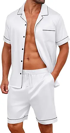 Vssjavun Mens Satin Silk Pajamas Sets Short Sleeve Button-Down Sleepwear Two Piece Loungewear with Pockets
