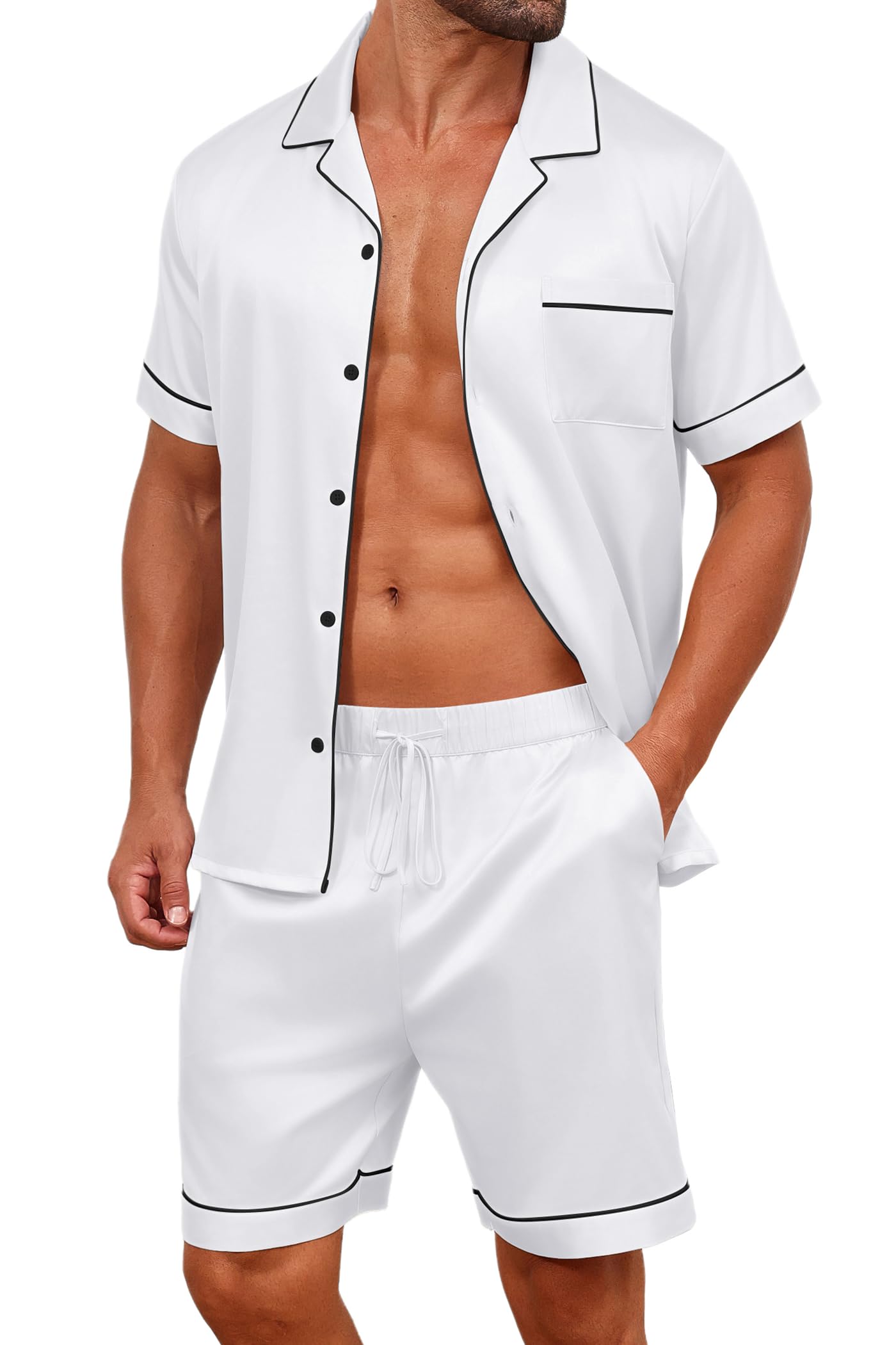 Mens Satin Silk Pajamas Sets Short Sleeve Button-Down Sleepwear Two Piece Loungewear with Pockets-image-16