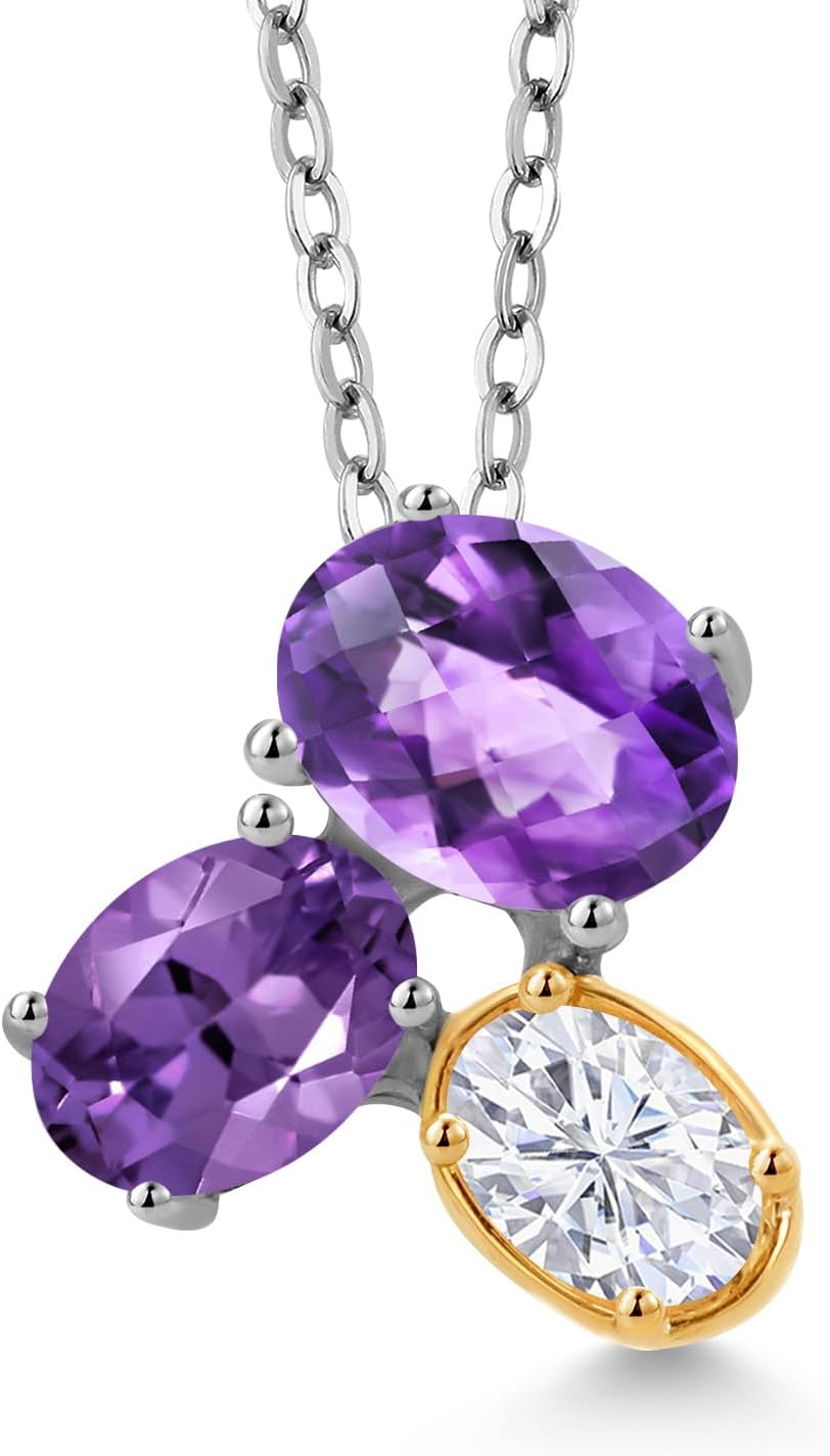 Gem Stone King 925 Silver and 10K Yellow Gold Purple Amethyst and White Moissanite Pendant Necklace For Women (2.45 Cttw, Oval Checkerboard 8X6MM, 7X5MM and 6X4MM, Gemstone February Birthstone, with