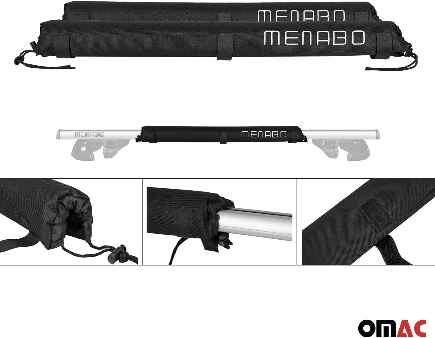 OMAC Roof Rack Pads, Aero Car Roof Foam Blocks for Surfboard, Kayak, Snowboard, Canoe, Wind Surf Transport Pads Tie Down Strap Set, 2 Pieces, Black