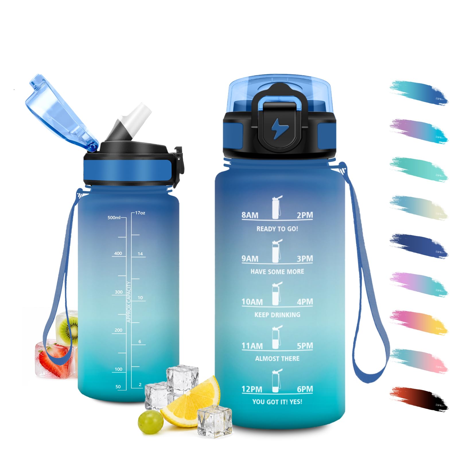 JAPORIA 500ml Water Bottles with Straw, Water Bottle with Time Indicator, Motivational, Leak-proof, BPA-Free, Water Bottle for School, Office, Camping