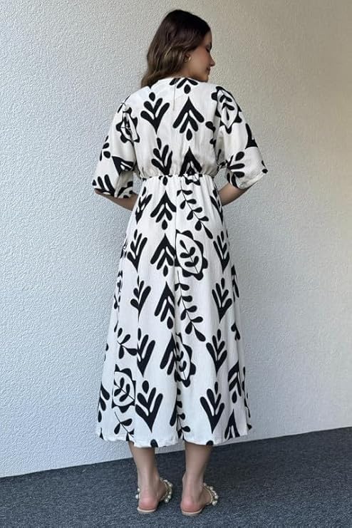 Image of Women's Summer Midi Dress - Floral Print V-Neck Casual Loose Fit Beach Dress with Short Sleeves and Elastic Waist 100% Cotton, Black and White
