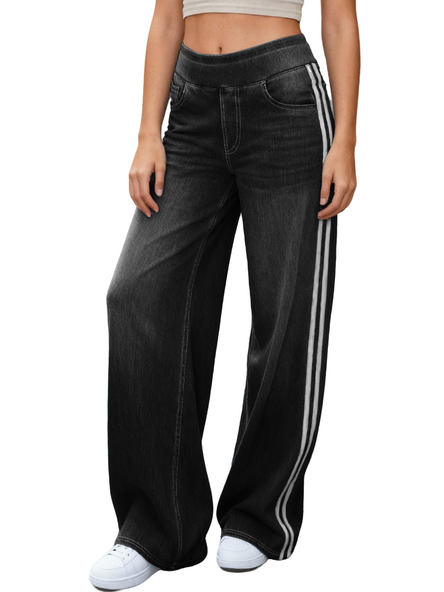 LaiEr Jeans a Gamba Larga Donne,Design Unico a Blocchi di Colore,Vita Alta con Controllo del Ventre,Fit Sviluppato Adatti per Pantaloni di Jeans Baggy con Alta Elasticità