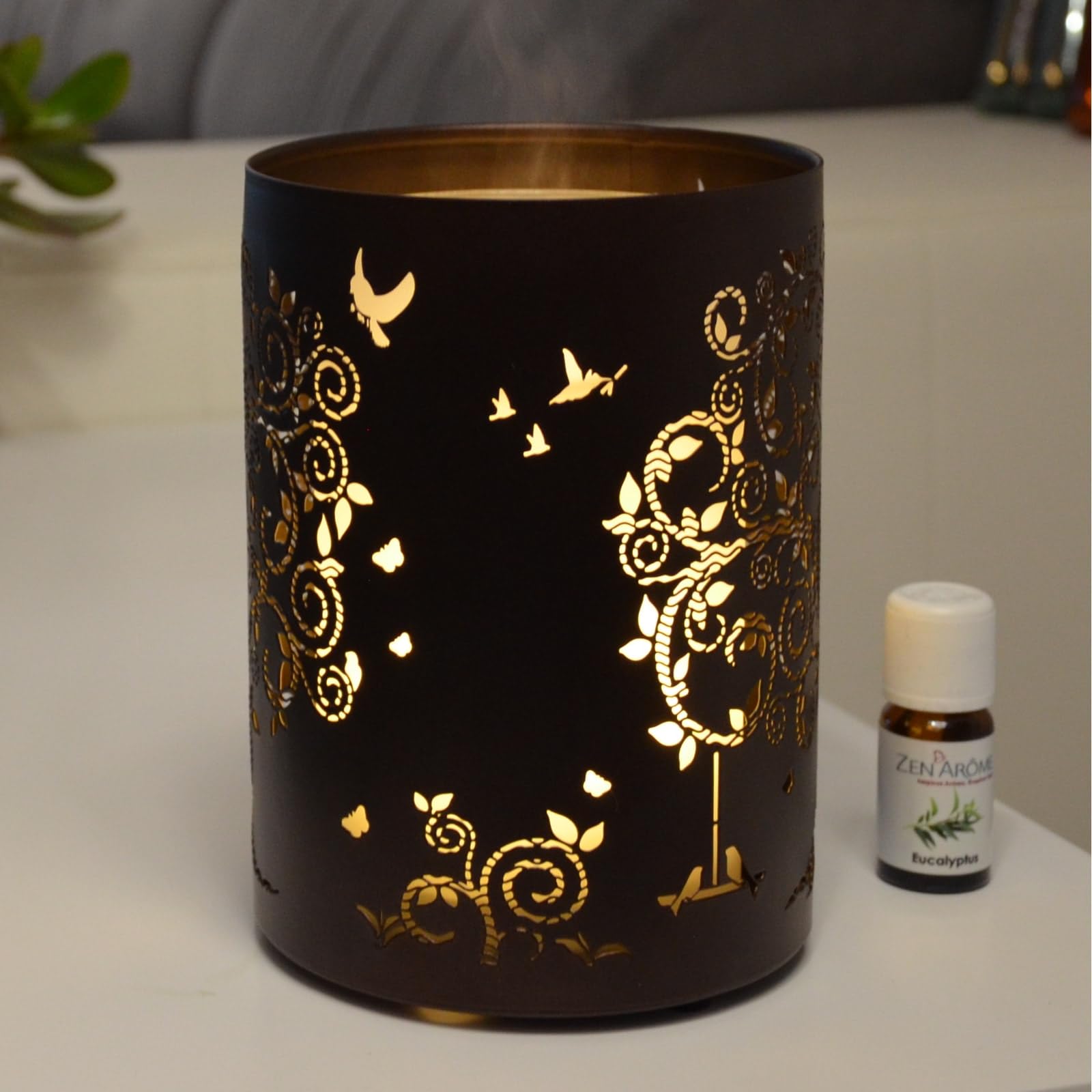 ZEN ARÔME Diffuseur d’Huile Essentielle Vita – Diffuseur Ultrasonique Aromathérapie à Froid - Diffuseur Électrique Parfum Maison avec Télécommande - Éclairage LED Effet Bougie – en Métal et Verre