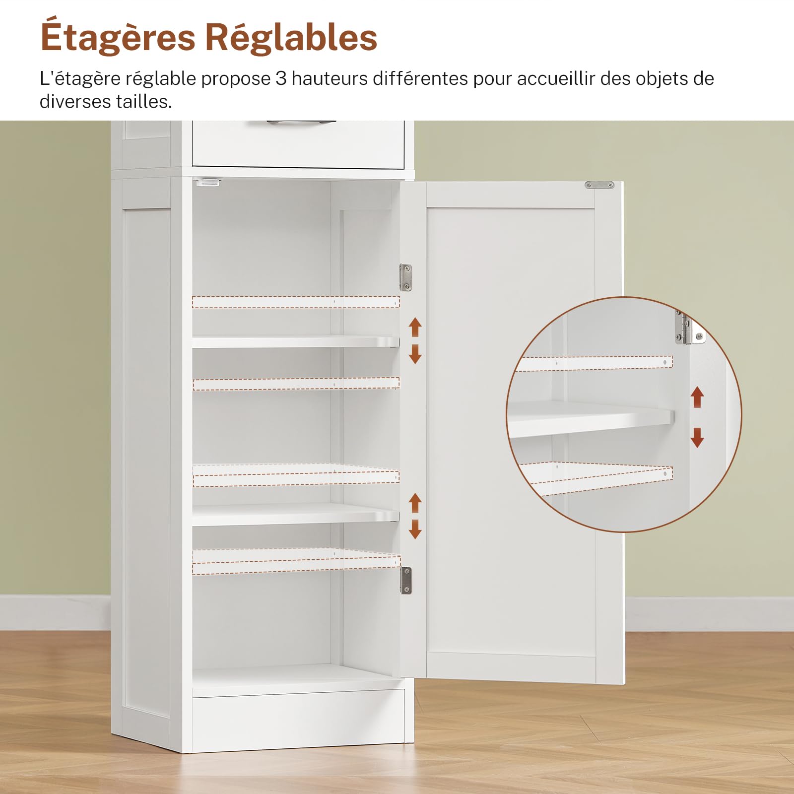 TEENFON Colonne de Cuisine 40 cm, Armoire Haute Étroite Rangement, Meuble Colonne avec 1 Tiroir et Étagères Réglables, Buffet Haut pour Cuisine, Salle à Manger, Blanc 40x30x170 cm