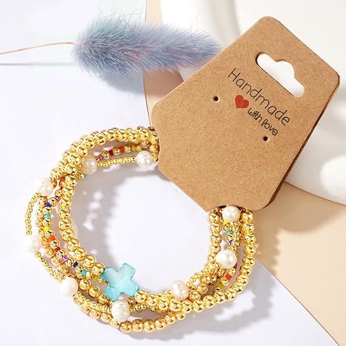 Miniatura 4 de Juego de pulseras de cruz con cuentas de oro de 14 quilates para mujer, elásticas, bohemias, coloridas cuentas cristianas, regalo de moda