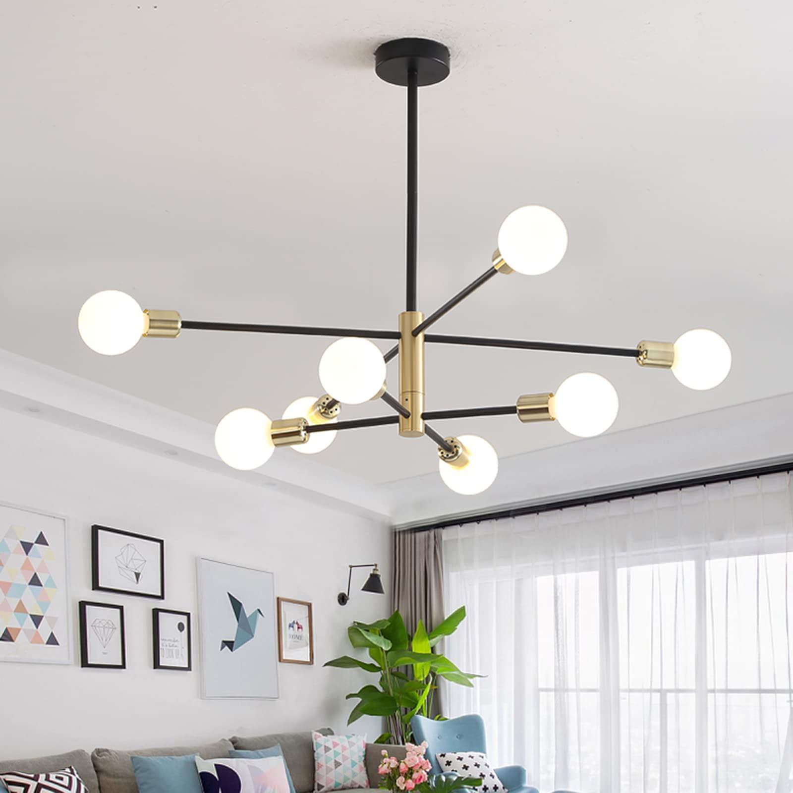 Modern Sputnik Chandelier, Nordic 8 Lights Pendant Lighting Fixture, Black and Gold Mid Century Ceiling Light for Living Room Bedroom Foyer Dining Room