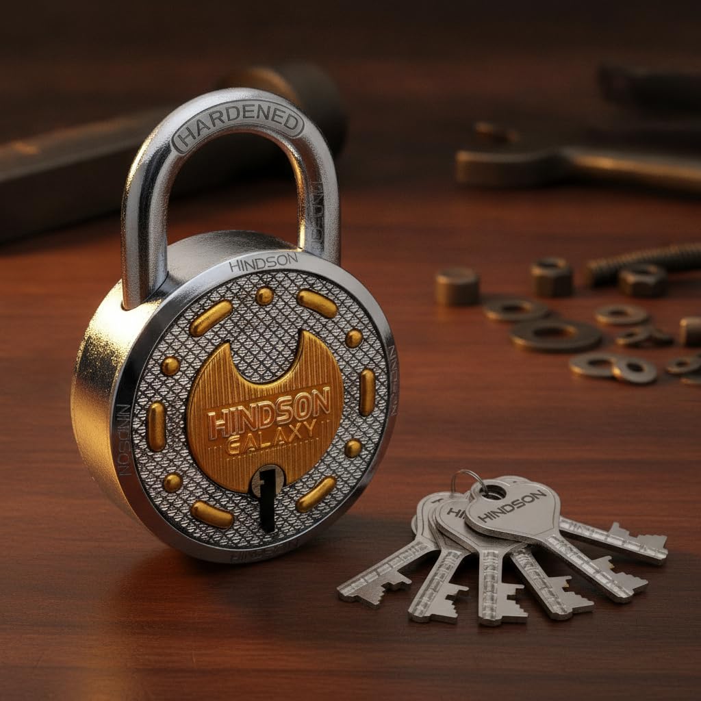 HINDSON Galaxy Round 65mm Lock | Metal Body | Double Locking | Hardened Shackle | 8 Steel Lever | 12 Silver Keys with Keychain | Silver and Gold Finsih | Made in India — Amazon image 9