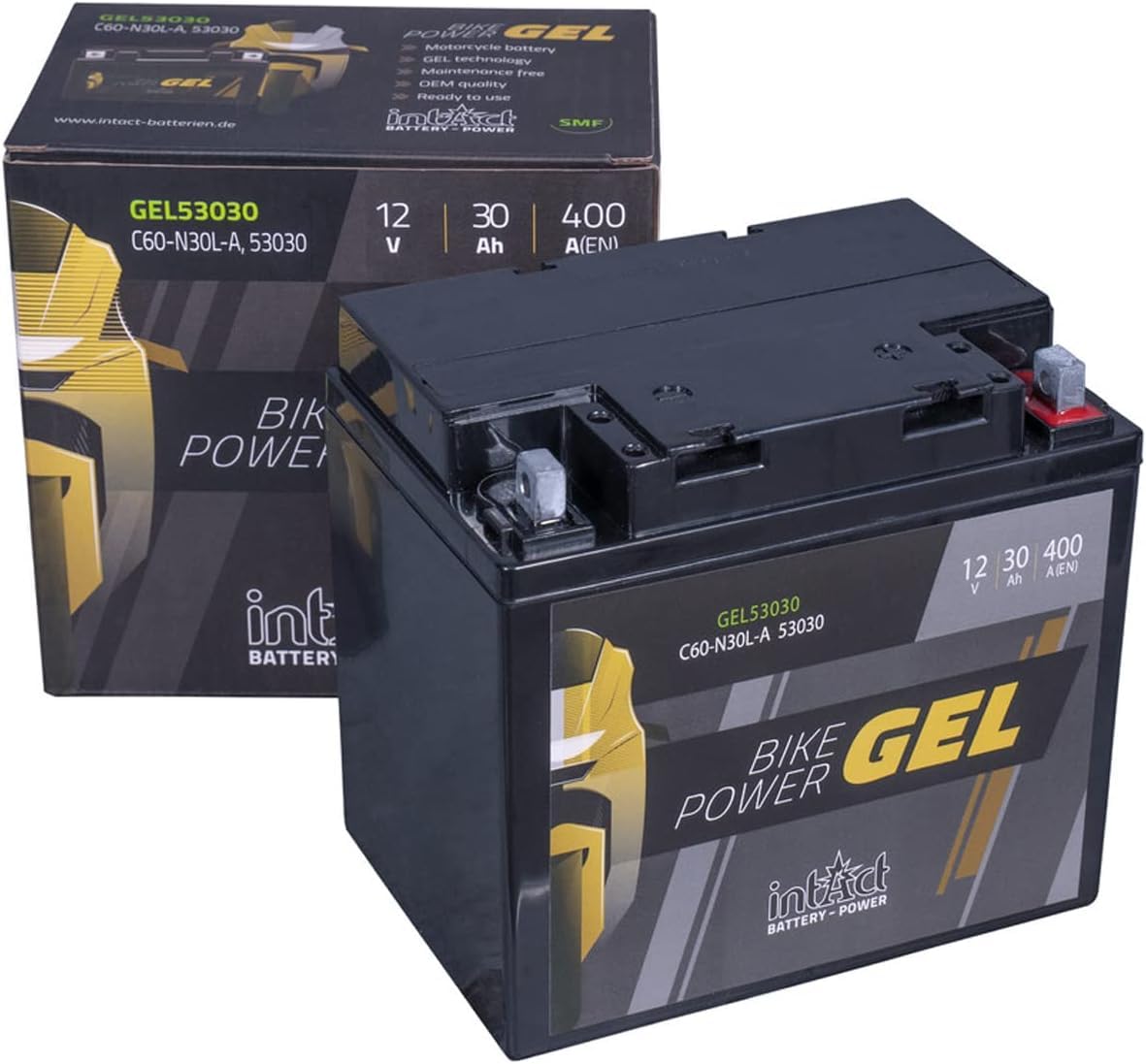 intAct - BATTERIE DE MOTO GEL Bike-Power GEL53030. Remplace 52515, 53030, Y60-N30L-A. Batterie moto 12V 30Ah 400A. Dimensions : 178x124x166mm. Avec jusqu’à 30% de puissance de démarrage en plus.