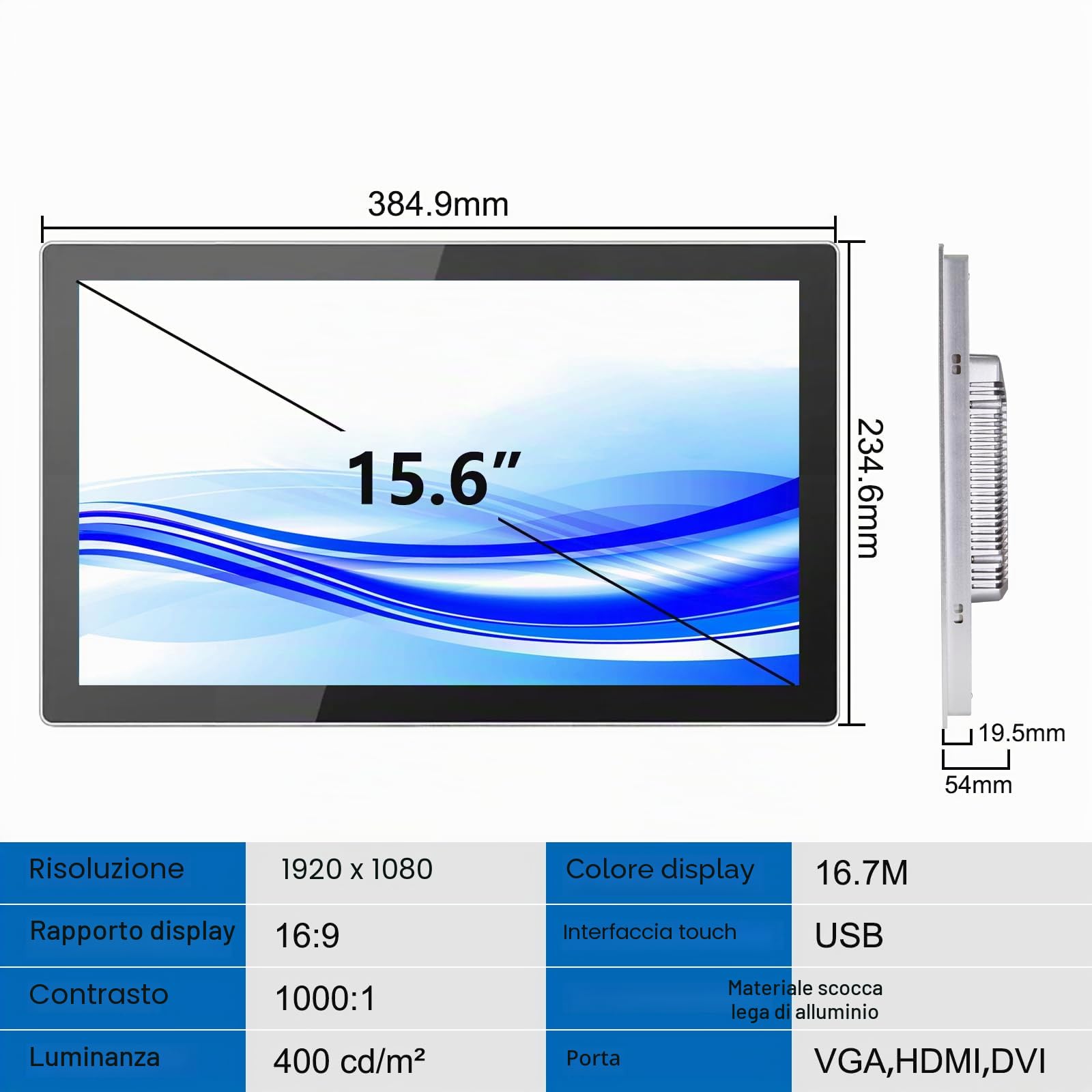 GreenTouch Monitor industriale 15,6 pollici con touchscreen incorporato ad alta risoluzione, pannello frontale IP65, display con custodia in metallo robusto - 1920x1080