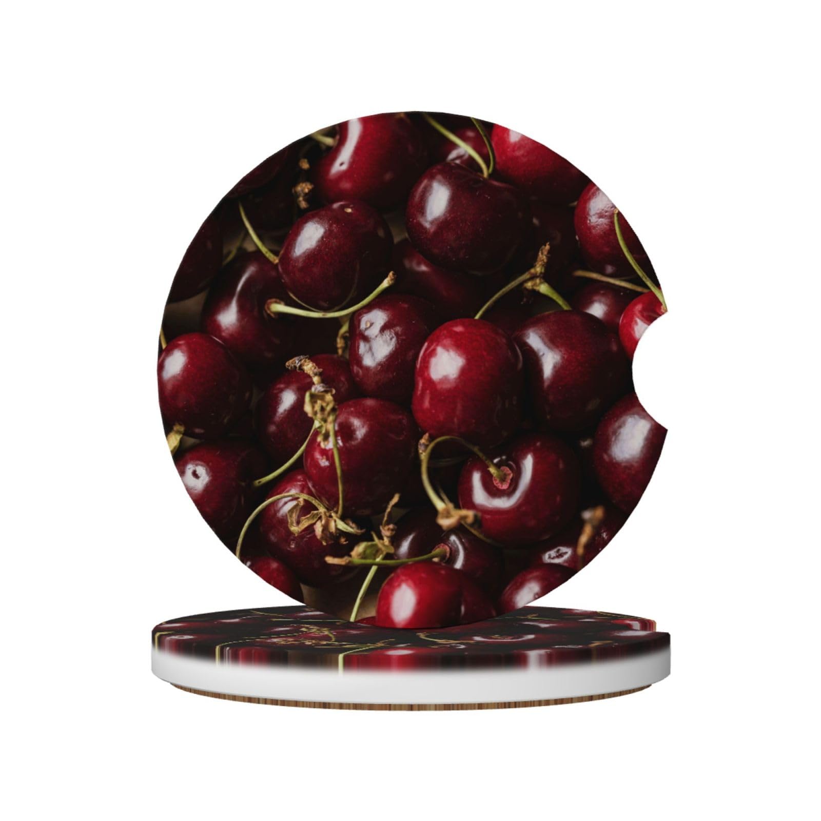 Red Cherry, Car Cup Holder Coasters 2 Pack, Absorbent Ceramic Car Coasters with Non Slip Cork Base