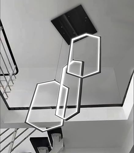 Miniatura 16 de Candelabro moderno de 6 anillos, luz LED dorada contemporánea para entrada de sala de estar, lámparas de techo alto regulables con control remoto