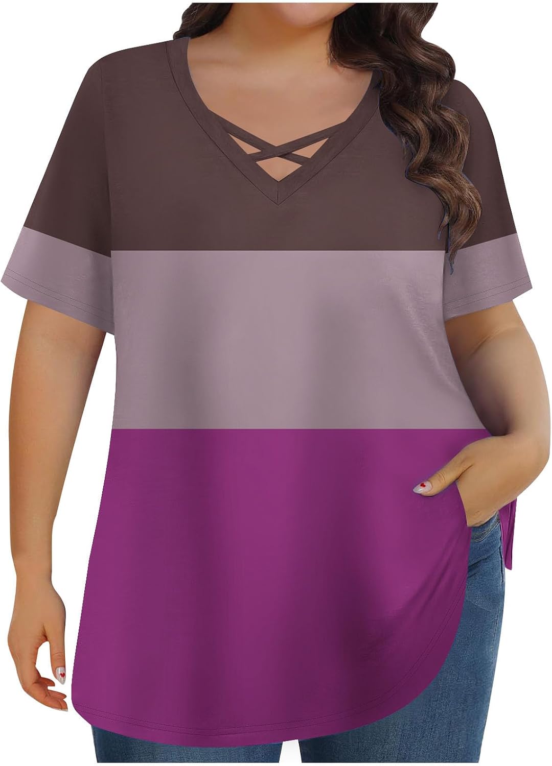 Women Striped Plus Size Shirts V Neck Loose Fit Summer T Shirt Short Sleeve Vacation Beach Clothes Outfit