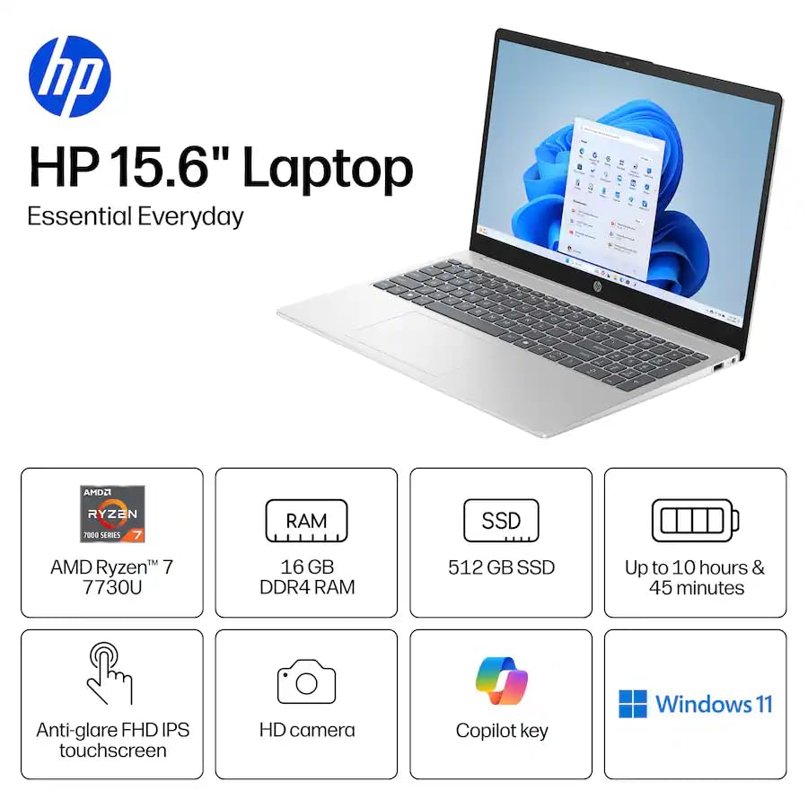 Image of HP 15.6 inch Touchscreen Laptop, AMD Ryzen 7 7730U, 16GB DDR4 RAM,512GB SSD