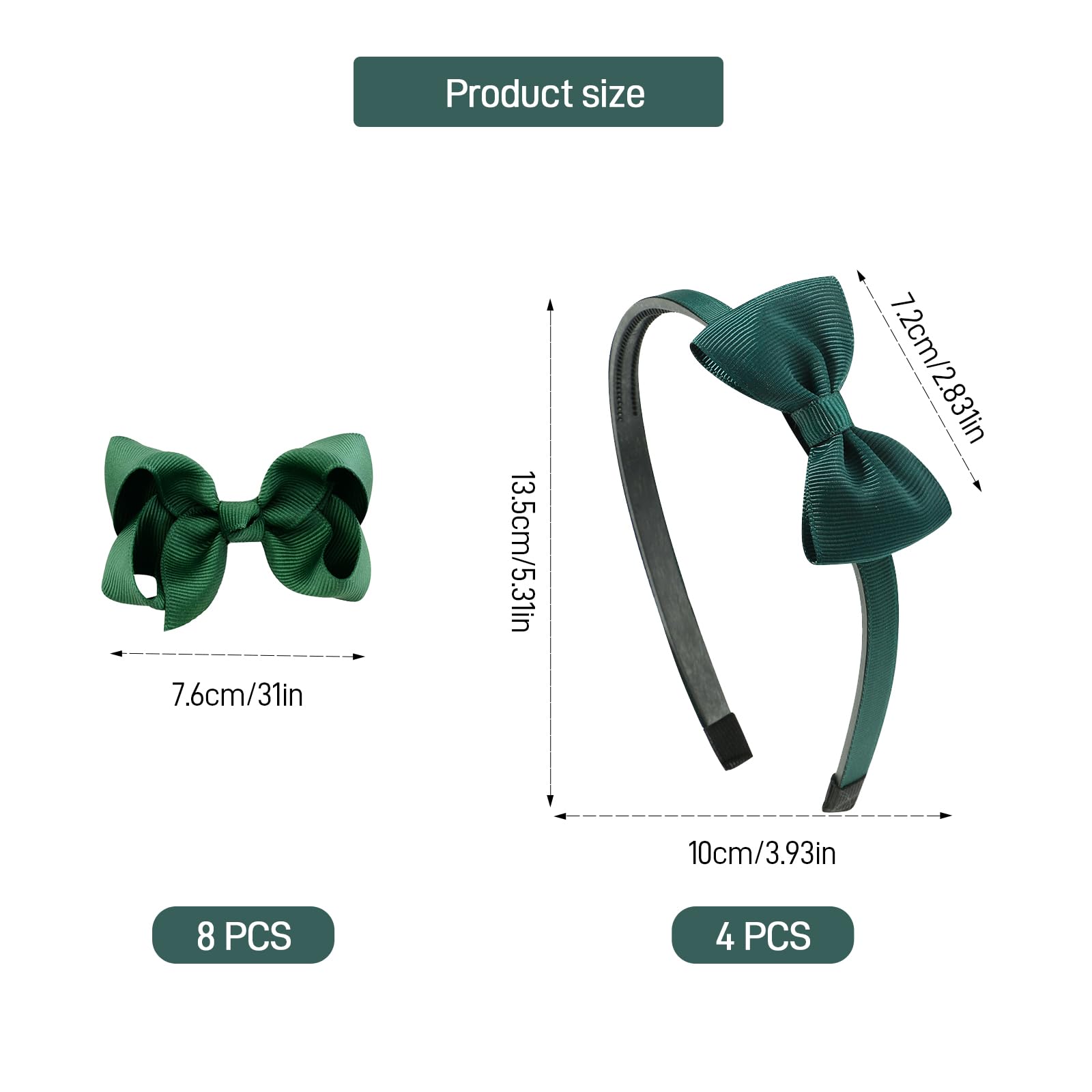 Green School Hair Accessories 4Pcs Green Hair Bands and 8Pcs Bows Hair Clips Uniform Color Girls Hair Accessories for School Party Styling Cheerleading - Image 2