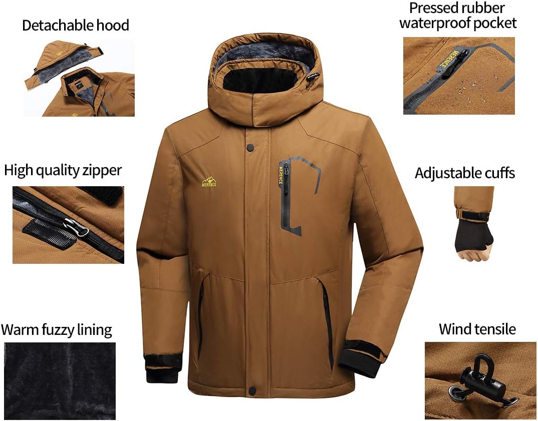 Men's Mountain Waterproof Ski Jacket Windproof Rain Jacket Warm Winter Coats Snowboarding Chrimas Gift U119WCFY028,Coffee,S