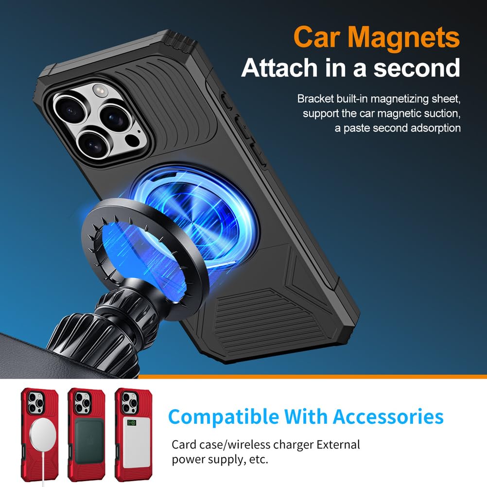 Magnetisch Hülle für iPhone 17 Pro Max/17 Pro/17 Air/17, Militär Stoßfeste rutschfeste Schutzhülle mit Drehbarer Ringhalter Handyhülle,Schwarz,17 Pro