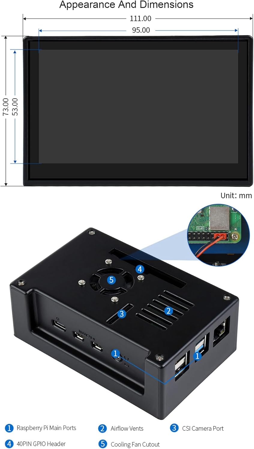 4.3inch DSI LCD Display with Case for Raspberry Pi 4B, 800x480 Capacitive Touchscreen MIPI DSI Interface IPS Wide Angle, Supports Raspbian/Ubuntu/Kali / WIN10 IoT/Retropie, Driver Free